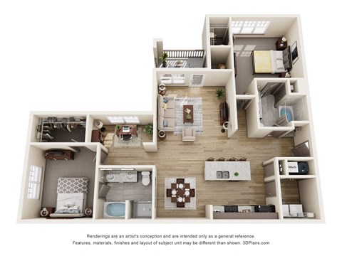 Floor plan for 2 beds, 2 baths, 1327 sqft